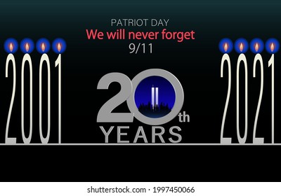 A simple black-white graphic depicting the September 11, 2001 terrorist attacks in the United States and the 20th anniversary of Patriot's Day.