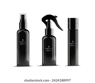 Simple Blank Black Plastic Cosmetic Bottles with logo Set. Vector illustration