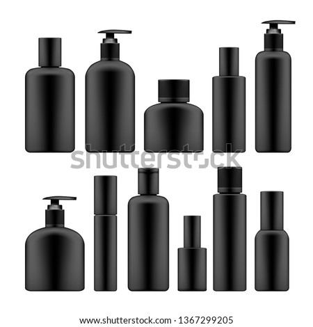 Simple Blank Black Plastic Cosmetic Bottles Set. EPS10 Vector