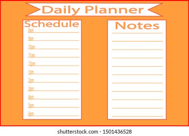 Simple, blank daily planner page with hourly schedule and notes space in coral color, white with red outlines 