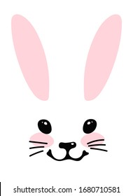 Simple blank for design. Head of a cute bunny with ears, eyes and a smile, portrait of a cute forest animal. Vector illustration isolated on a white background