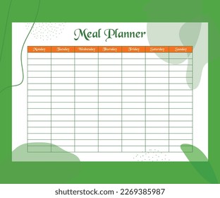 Plantilla simple de planeamiento de comidas en blanco para una semana, ilustración vectorial, horario semanal, planificación de comidas dietéticas