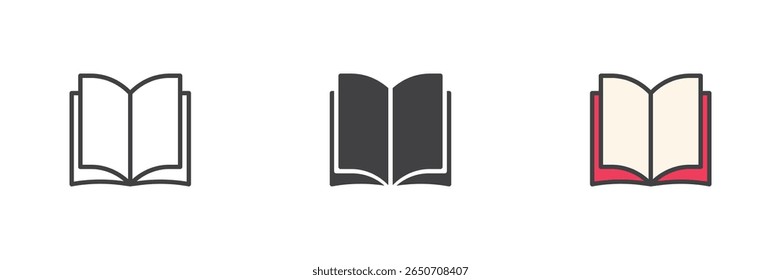 Simple blank open book icon set. Includes line, solid glyph and filled outline colorful styles. Book icon for general reading, writing and study use.