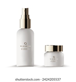 Simple Blank White Plastic Cosmetic Bottles with golden logo Set. Vector illustration