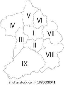 Mapa simple del vector blanco en blanco con bordes negros y nombres numéricos latinos de los distritos de Essen, Alemania