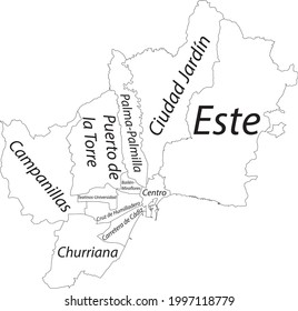 Simple blank white vector map with black borders and names of districts of Malaga, Spain