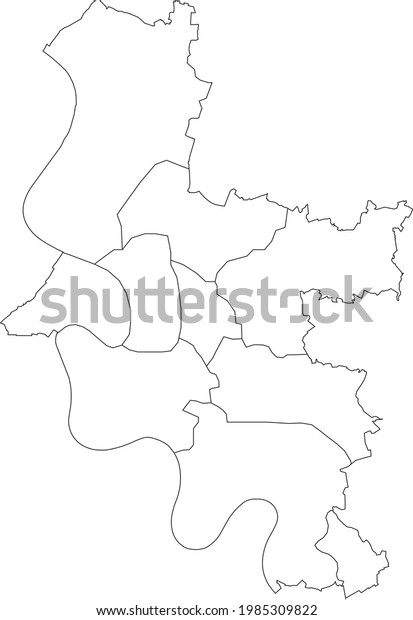 Simple blank white vector map with\
black borders of districts of Düsseldorf,\
Germany