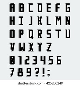 Simple blocky beveled sans-serif vector font with numbers