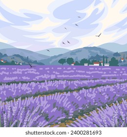 Simple blooming lavender field scenery. Serenity nature landscape with purple plants, mountains and flying birds in sky. Vector minimalistic illustration.