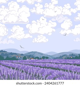 Simple blooming lavender field scenery. Serenity nature landscape with purple plants, mountains and flying birds in sky. Vector minimalistic illustration.