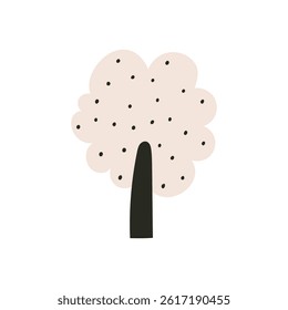 Simple blooming tree with round light crown and dots. Hand drawn doodle element in naive style. Vector illustration on an isolated background.
