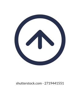 Simple blue arrow pointing upwards inside a circle on a dark White Background using flat design for web and app design.
