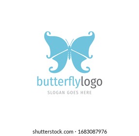simple blue beautiful butterfly vector logo design template open wings from top view