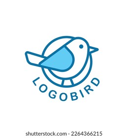 Simple blue bird logo line design in a circle. Minimalistic and modern with a bird silhouette. Idea for brand identity. Vector outline logo.