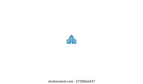 a simple blue building icon with a central tower presented as a silhouette