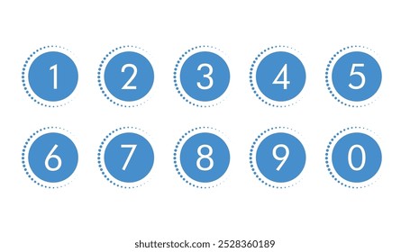 Simple blue bullet points number set from zero to nine. blue circles and numbers. number digit vector icon with white background. numbers symbols. flat icons . set of 1-9 numbers