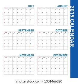 A simple blue calendar from the month of July to December of 2019.