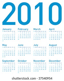 Simple Blue Calendar for year 2010, in vector format.