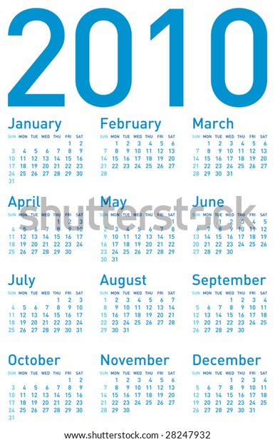 Simple Blue Calendar Year 2010 Vector Stock Vector (Royalty Free) 28247932