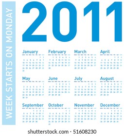 Simple Blue Calendar for year 2011, week starts on Monday.