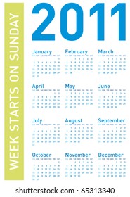 Simple Blue Calendar for year 2011, week starts on Sunday.