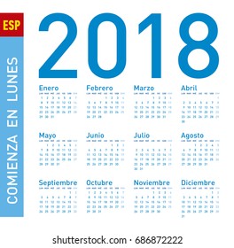 Simple Blue Calendar for year 2018, in vectors. In Spanish. Week starts on Sunday.
