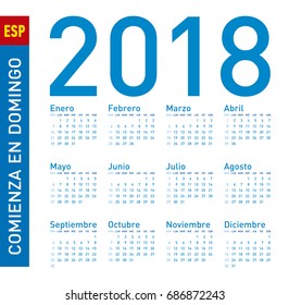 Simple Blue Calendar for year 2018, in vectors. In Spanish. Week starts on Sunday.