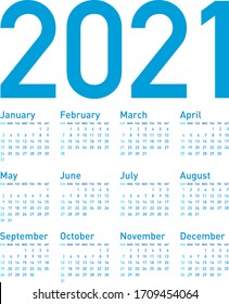 Calendario Azul Simple para 2021, en formato vectorial. 