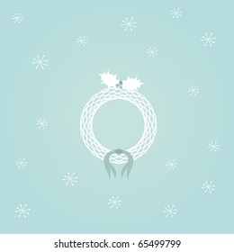 Simple blue card design with christmas wreath, holly and ribbon