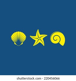Simple blue card with sea shells and starfish