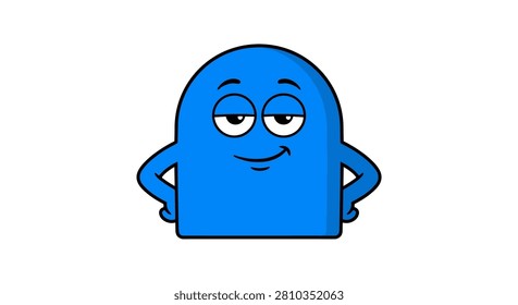 Simple blue cartoon character with a confident, smug expression, hands on hips, and a playful attitude on a white background