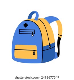 Simple blue children school backpack. Cute flat bag. Back to school icon.