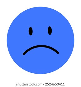 A simple blue circular face with a sad expression, featuring two black oval eyes and a downturned black mouth. Ideal for expressing sadness, disappointment, unhappiness, emotional states, mood