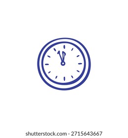 A simple blue clock illustration showing nearly 12 o'clock, on white background