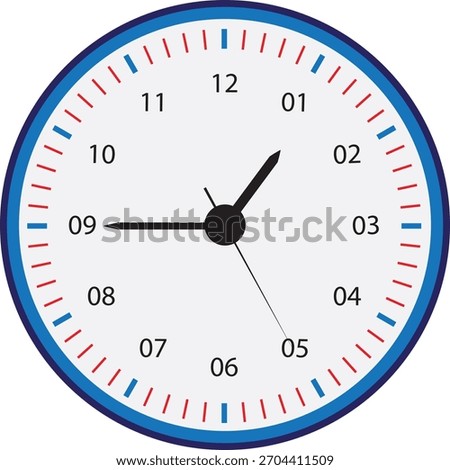Simple Blue Clock with Modern Markers Vector , Trendy Blue and Red Accent Clock Design