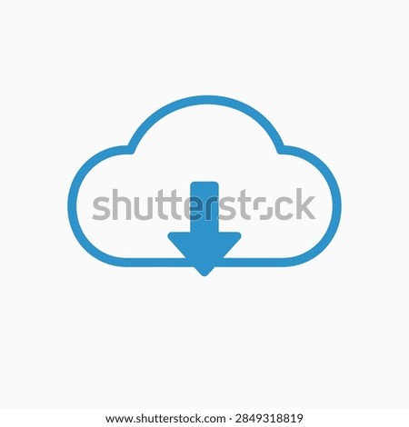 Simple blue cloud with downward arrow representing cloud storage, data download, and online data transfer concept.