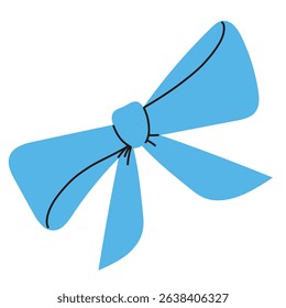 Simple blue color bow, isolated on white background. Flat vector illustrations. Hand drawn ribbon decoration. Silk bow. Hair accessory. Bows for gift wrapping