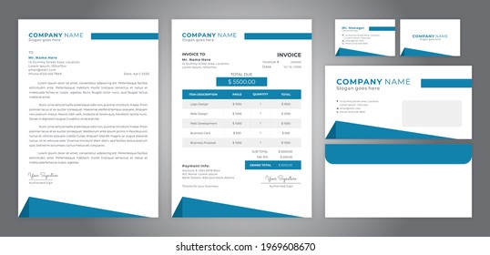 Simple blue corporate identity, including letterhead, invoice, business card and envelope