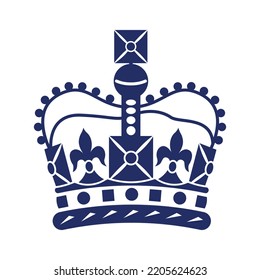 A simple blue crown as an icon on a white background, a royal symbol. Ready-made congratulatory stamp for printing, logo, postcards, souvenirs. Vector illustration template. 9 September 2022, London.