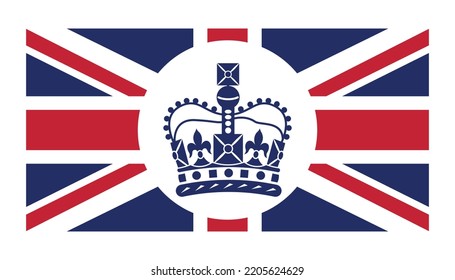 A simple blue crown as an icon on a white background, a royal symbol on Great Britain flag signed at the bottom. Ready-made congratulatory stamp for printing, postcards, souvenirs. 09.09. 2022, London