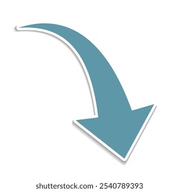 Uma seta curvada, simples, azul, apontando para a direita e para baixo em um plano de fundo branco. Símbolo de direção. Símbolo de seta para aplicativo, interface do usuário, Web. Ilustração vetorial