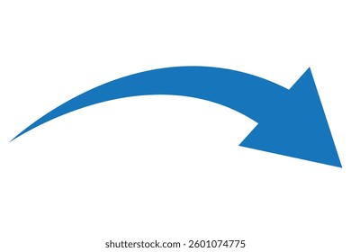 A simple, Blue, curved arrow pointing to the right and down on a white background. Direction symbol. Arrow symbol for app, UI, web. Vector illustration