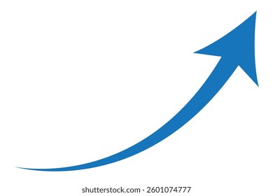 A simple, Blue, curved arrow pointing to the right and down on a white background. Direction symbol. Arrow symbol for app, UI, web. Vector illustration