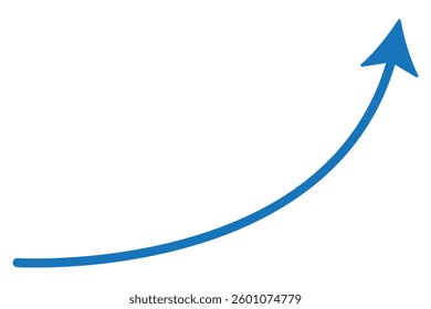 A simple, Blue, curved arrow pointing to the right and down on a white background. Direction symbol. Arrow symbol for app, UI, web. Vector illustration