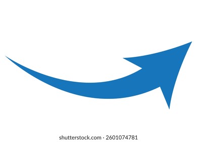 A simple, Blue, curved arrow pointing to the right and down on a white background. Direction symbol. Arrow symbol for app, UI, web. Vector illustration
