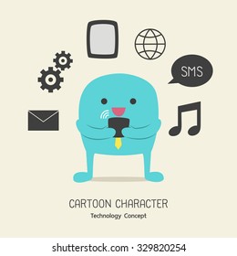 Simple blue cute character for smartphone technology concept, Vector illustration flat design