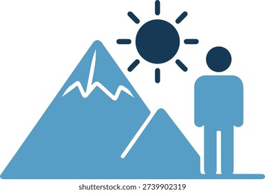 A simple blue and dark blue vector graphic of a person standing in front of two stylized mountains and a sun on a pure white background