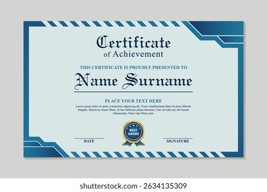 Plantilla azul simple del certificado del logro del diseño, apreciación azul y blanca del diseño de la Plantilla del logro.