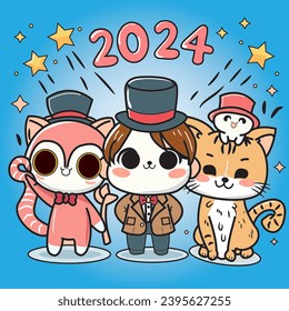 simple blue design new year 2024  illustration in cartoon style