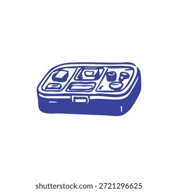 Un simple dibujo azul de una caja de bento con compartimentos.